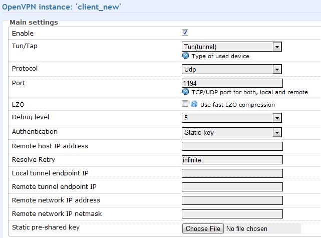 4.7.1.2 Client configuration Figure 19 Client configuration Enable. Check box to enable the OpenVPN. Tun/Tap. Select tunneled or bridged connection. Protocol. Select UDP or TCP protocol. Port.