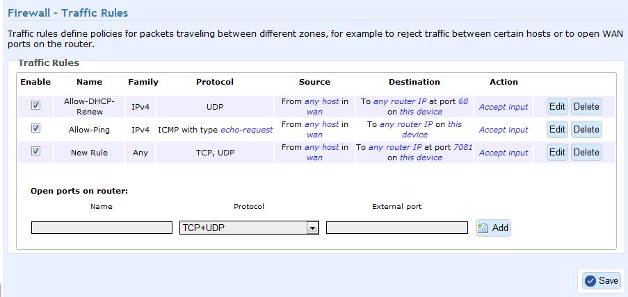 4.9 Firewall This section allows configuring firewall for enhanced router security. 4.9.1 Traffic rules Figure 28 Traffic rules This page displays the currently created active or disabled rules with short description of every rule.