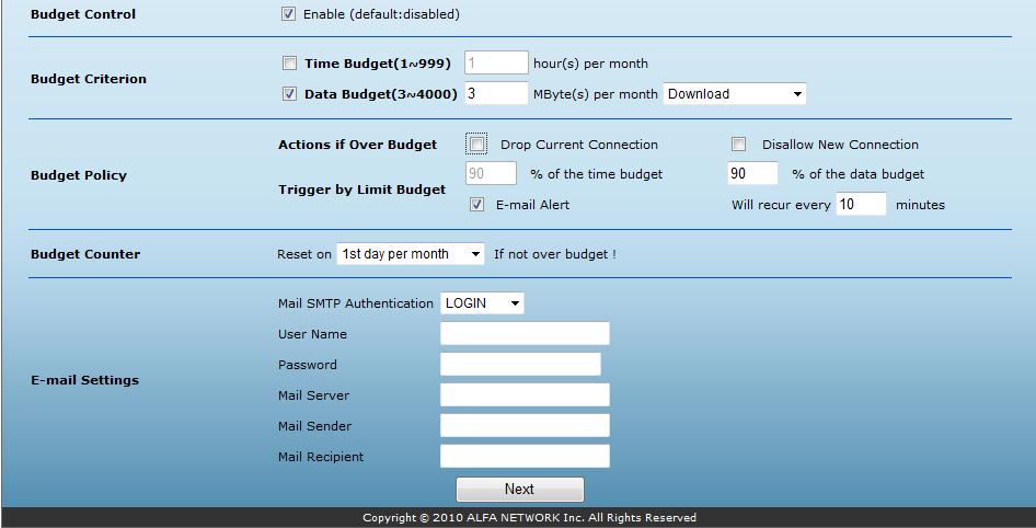 Budget Criterion Specifies budget limits set by time or data. Time Budget Specify the amount of time (in hours) that can beused for the 3G connection per month.