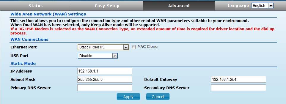 Option #3 - WAN SETTINGS ADSL Modem + 3G You may enable 3G USB as backup