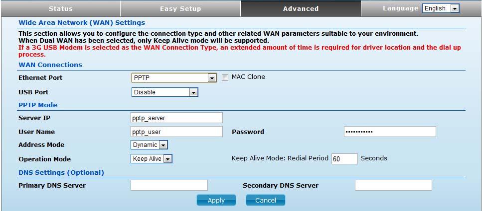 This setting allows you to manually change the MAC address of the 3G Mobile Wireless Router's WAN interface to match the PC's MAC address provided to your ISP for