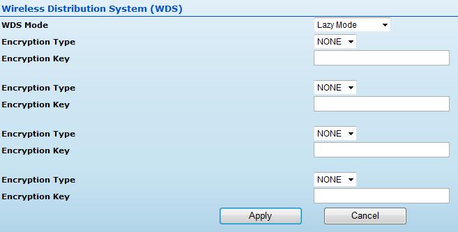 WDS links may either be manually configured (Bridge and Repeater modes) or auto discovered (Lazy mode). The following items are displayed on this page: WDS Mode Selects the WDS mode of the SSID.