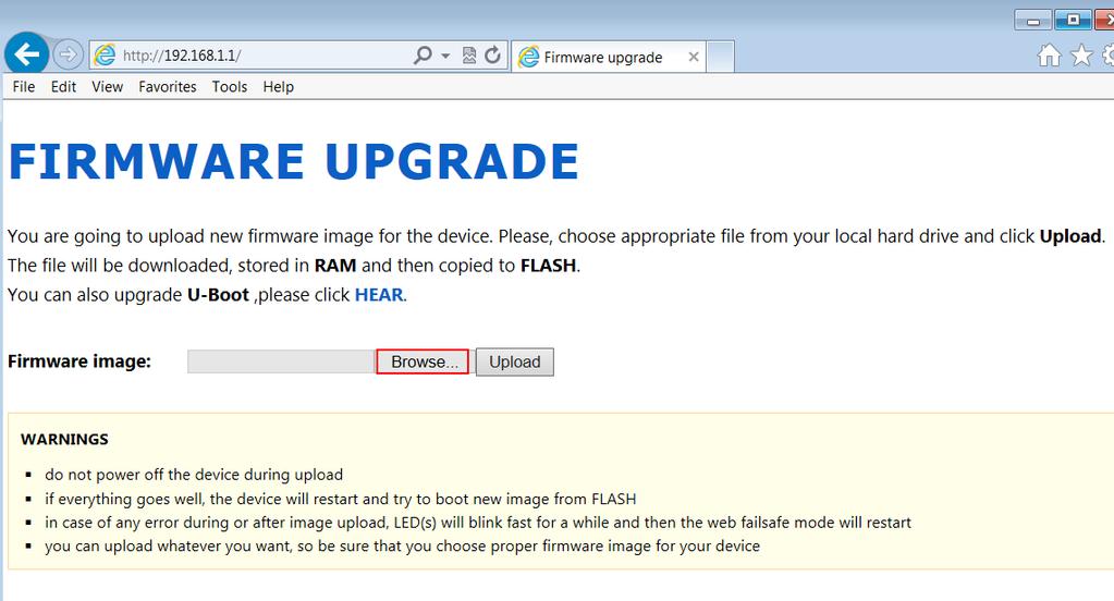 Figure 5-59 CFE mode upgrading Step 4 Click Browse to select upgrading file, and then click Upload to begin upgrading.