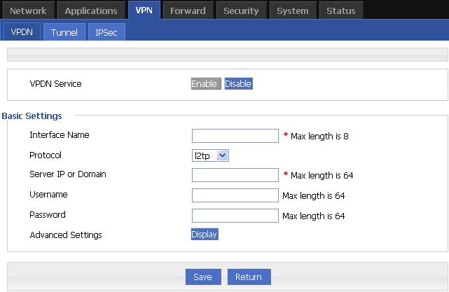 5.6.2 VPDN configuration VPDN stands for Virtual Private Dial-up Networks. Now VPDN supports L2TP and PPTP Step 1 Step 2 Step 3 Log-on WEB GUI of H8922S 3G/4G router. See 4.3.1 Login WEB GUI Click VPN > VPDN to open VPDN tab.