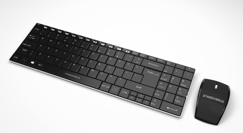 DUO100 wireless rechargeable keyboard & mouse set slim keyboard and folding mouse designed to be portable 100 key UK layout with numeric pad on right responsive, low proﬁle keys rigid stainless steel