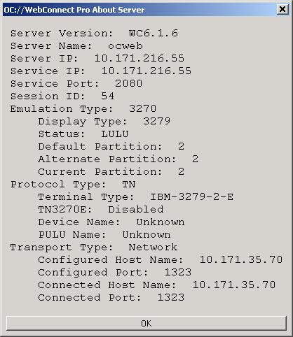 About Server Displays the server, session, security, and connection