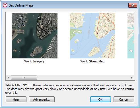 Figure 14 Get Online Maps dialog 5. Select the World Imagery item and click OK to close the Get Online Maps dialog.
