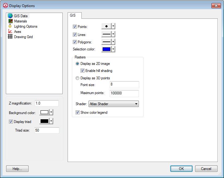 Figure 16 Display Options dialog 6. Select GIS Data from the list on the left. 7.