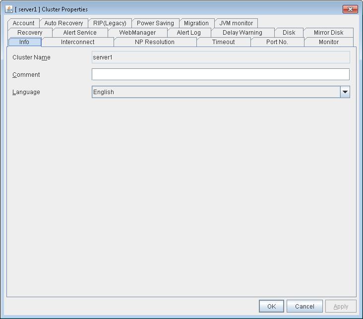 Chapter 6 Other setting details Cluster properties Info tab In the Cluster Properties window, you can view and change the detailed data of ExpressCluster X SingleServerSafe.