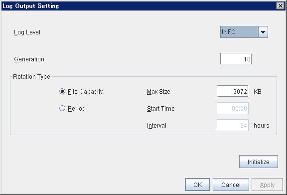 Chapter 6 Other setting details Log Output Setting Clicking Setting displays the Log Output Setting dialog box. Log Level Select the log level of the log output by the JVM monitor.