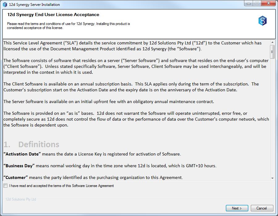 2.2 End User License Agreement To install 12d Synergy, you