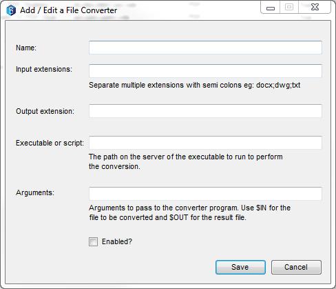 Field Name Input Extension Output Extension Executable or script Arguments Description A cosmetic name to describe the converter to users What types of files this converter can convert eg:.