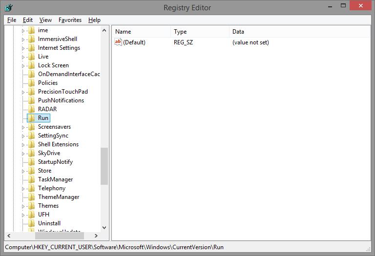 b. The Registry Editor window opens. Expand HKEY_CURRENT_USER > Software > Microsoft > Windows > CurrentVersion > Run.