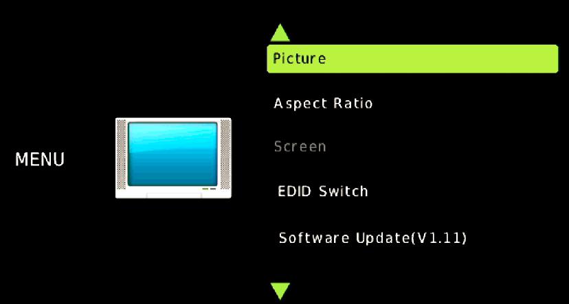 OSD MENU Pressing the MENU button on the included remote control accesses the built-in On Screen Display (OSD)