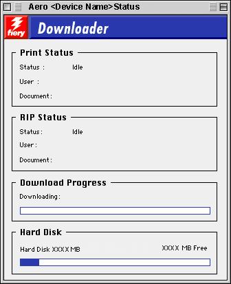 FIERY DOWNLOADER 50 Mac OS 1 Displays server status and user and document name of the job currently printing 2 Displays server status and user and document name of the job currently processing 3