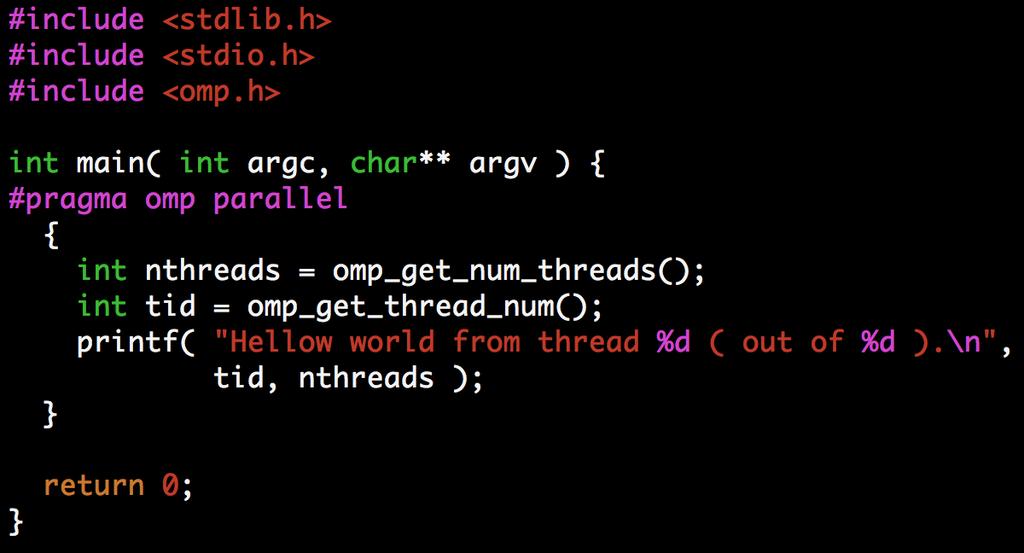 Example 1: Hello World Output example: Hellow world from thread 1 ( out of 4 ).