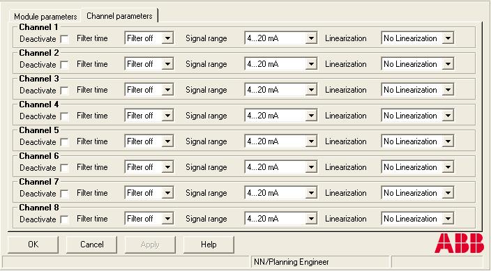 Section 3 Run-time Operation AI815/AI845 Channel parameters tab The Channel parameters tab shows the user parameters of the module. It shows Filter time, Linearization function and Signal range.