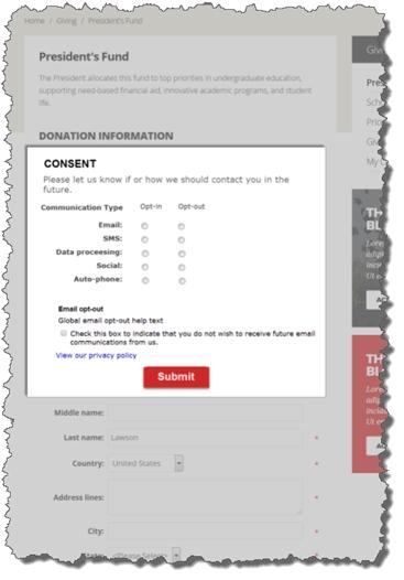The Overlay option displays a pop-up window with the consent options when the form is submitted.