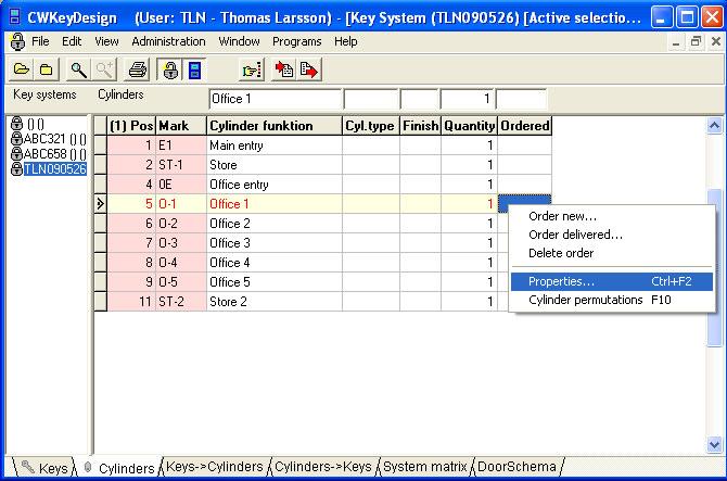X.7.2.2 Using the cylinder listing First, activate the cylinder tab at the bottom of the menue As within the system matrix use rightclick to open up cylinder properties dialog.