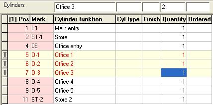 In this case the quantity of cylinders for Offices 1-3 will be changed to 2. How to select: - Use the mouse to select the first cylinder you want to edit.