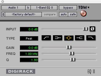 chapter 5 DigiRack Real-Time TDM and RTAS Plug-Ins EQ II Phase Invert The EQ II plug-in provides a 1-Band or 4-Band EQ for