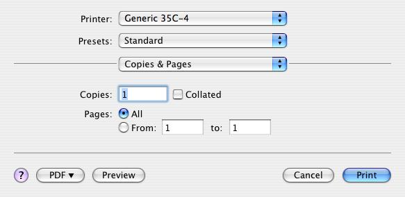 Print function of Mac OS X 9 9.5.2 Copies & Pages In the [File] menu, select "Print". Function name Option Description Copies 1 to 999 Specifies the number of copies to be printed.