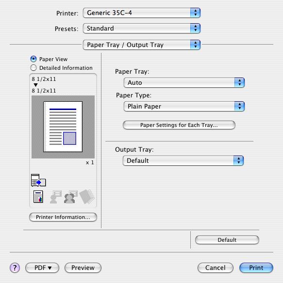Print function of Mac OS X 9 9.5.5 Paper Tray/Output Tray Function name Option Description Paper Tray Auto, Tray1-4, LCT, Bypass Tray Selects the paper tray to be used.