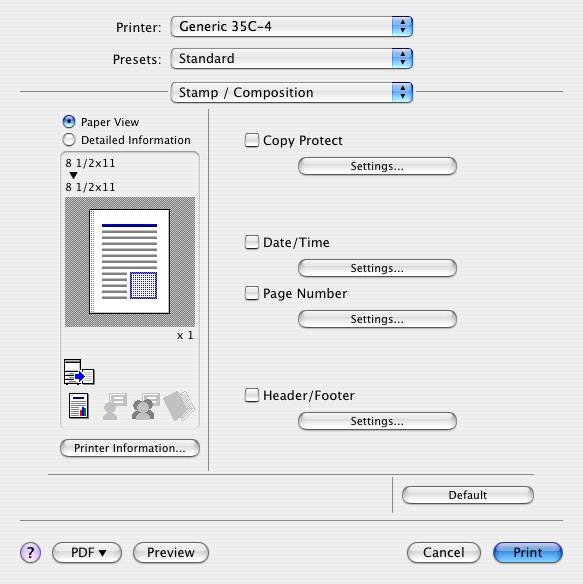 Print function of Mac OS X 9 9.5.8 Stamp/Composition Function name Option Description Copy Protect ON/OFF Prints a special pattern to prevent copying.