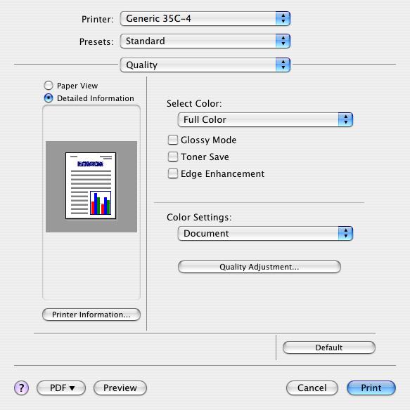 Print function of Mac OS X 9 9.5.9 Quality Function name Option Description Select Color Full Color, Gray Scale Specifies the color to be printed. Glossy Mode ON/OFF Prints using a gloss finish.