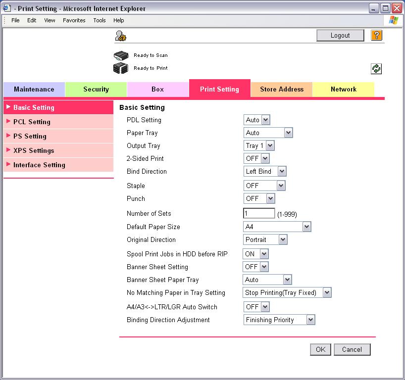 Web Connection 13 13.4.4 Print Setting Item Basic Setting PCL Setting PS Setting XPS Settings Interface Setting Description The default printer settings can be specified.