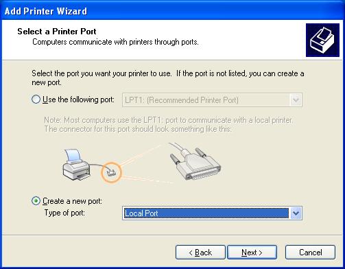 Manual installation using the Add Printer wizard 4 6 Click "Create a new port", and select "Local Port" for "Type of port:" 7 In the "Enter a port name" box, enter "\\NetBIOS name\print service name".