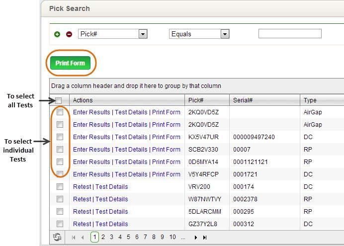 Chapter 4 Tester Tasks 4.2.6.1 Pick Search Screen Highlighting Print Form button. A blank test form is generated, and CCAMS prompts the tester to save the form as a PDF document.