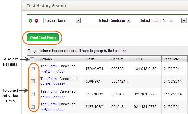 Chapter 4 Tester Tasks 4.2.9.1 Test History Search Screen Highlighting Print Test Form Button The test form with results is generated and prompts the user to save it as a PDF document.