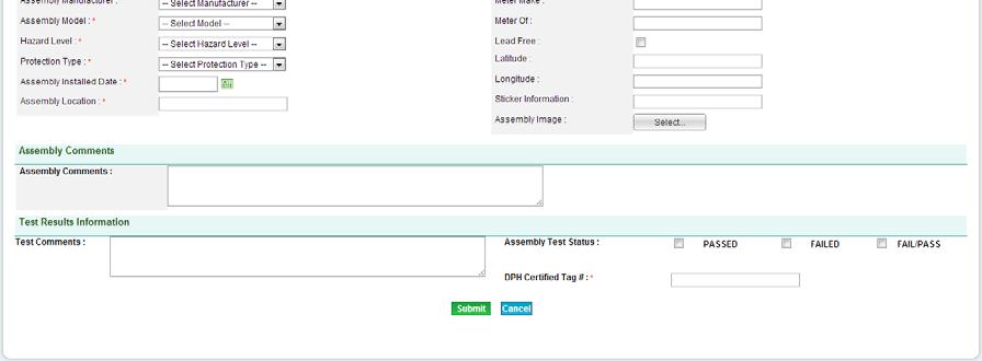 The Test Information and Test Form section are added to the screen; information varies vary according to the assembly type selected.