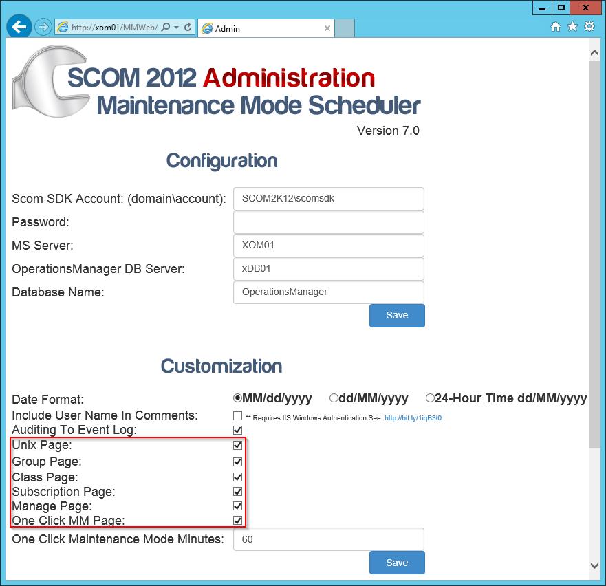 Customize Look and Feel In this scenario the SCOM admin only wants users to schedule Computers into Maintenance Mode. 1.) Go to the hidden Admin.aspx page. http://yourmsserver/mmweb/admin.aspx 2.