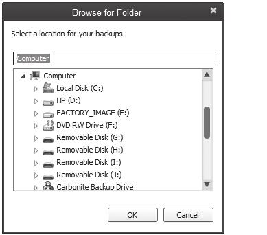 If you are using another location for your backup files, or if you are working on a network, enter the appropriate drive letter for your computer setup.