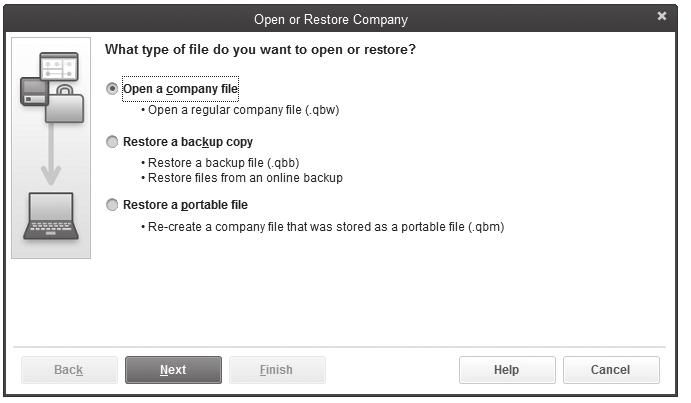 1. Choose the File menu and click Open or Restore Company to open the Open or Restore Company window: You can also choose the File menu and click Restore Previous Local Backup.