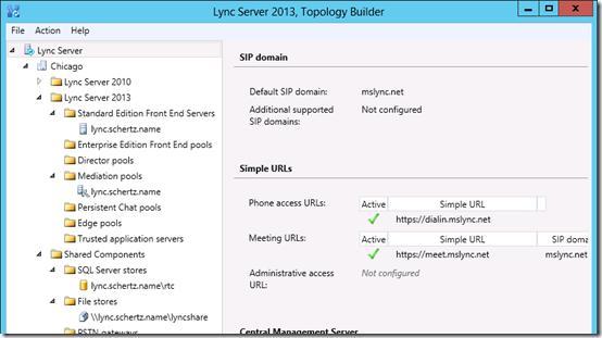 Back at the main Topology Builder window select Edit Properties on the Lync Server root-level object. Highlight thesimple URLs section and enter the desired Administrative Access URL (e.g. https://admin.