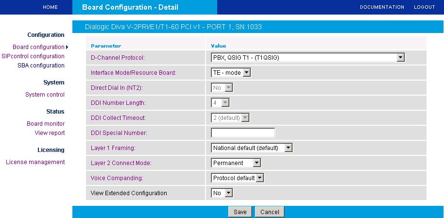 Click Board configuration on the left hand side of the Dialogic Diva Configuration page. The Board Configuration page appears: b.