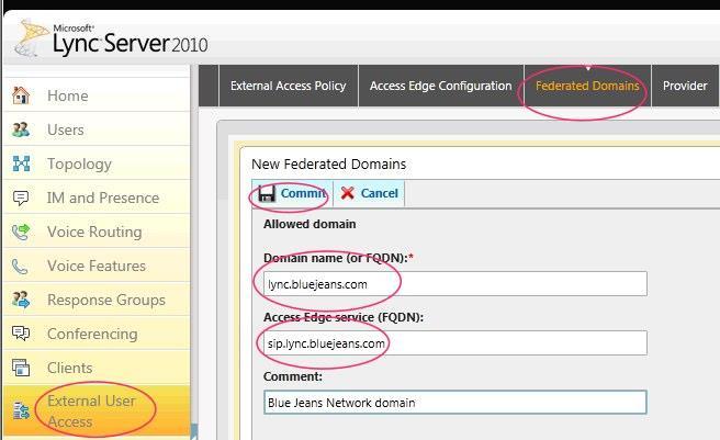 6. Now add a new domain pointing to lync.bluejeans.com and edge server pointing to sip.lync.bluejeans.com FQDN.
