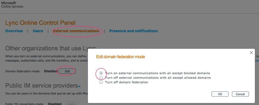 Figure 9 Manage Lync Settings 2. On the Lync Online Control Panel, ensure Domain federation is set to Enabled.