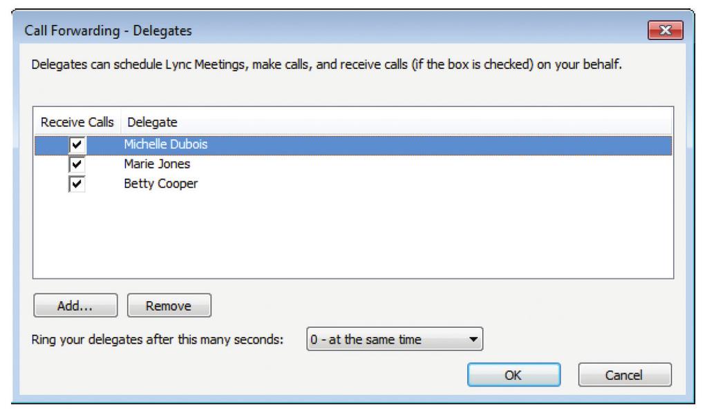 Assign Delegates You can assign up to 25 delegates to your line using your Lync client; however, you cannot assign yourself as a delegate to a boss s line.