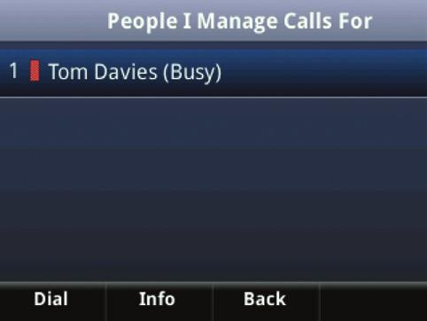 To view the People I Manage Calls For group on your phone:» Press Contacts > Groups > People I Manage Calls For. All assigned bosses are displayed. 3.