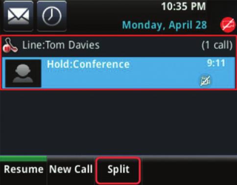 Hold and Resume Conference Calls You can place a conference call on hold, which places all conference participants on hold including yourself. To place a conference on hold:» Press the Hold soft key.