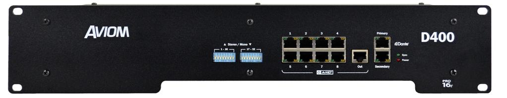 DATA SHEET D400 & D400-Dante A-Net Distributors D400-Dante Front Panel D400 Front Panel Aviom s series of D400 A-Net Distributors provides support for parallel connections of up to eight Pro16