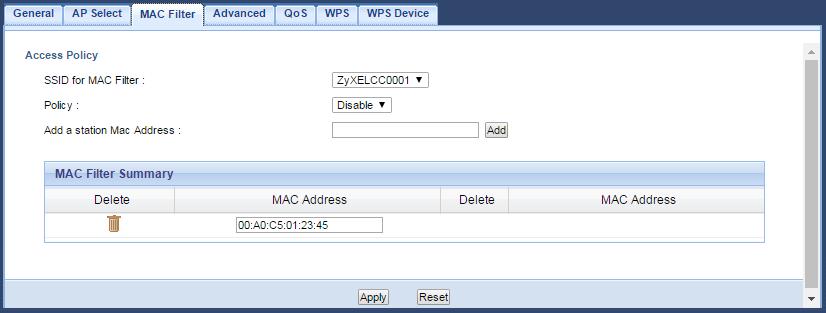 Chapter 9 Wireless LAN 9.7 MAC Filter The MAC Filter screen allows you to specify which devices are allowed to access the WRE6505 v2, while denying access to all unspecified devices.