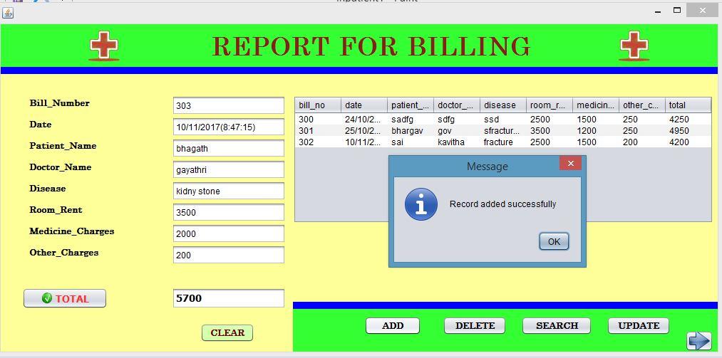 It will show particular charges, consultation fee and total amount for that patient. Figure 4: Reports for Patient Billing IX. SAMPLE CODING:1. LOGIN FORM: private void jbutton1actionperformed(java.