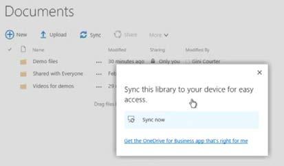 Sync with OneDrive for Business Since SharePoint sites can be synchronized with your local computer, you can access information even without a connection to the SharePoint environment.