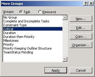 To create a group Menu Project / Group By / more groups Copy existing Group An existing group can be copied and changes made to produce a new group. Change between Task or Resource group.