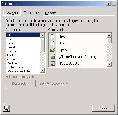 To add macro buttons to a toolbar The same dialogue box that is used to create a toolbar is also used to add icons to the toolbar. If this area is not open use either menu route below.